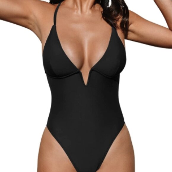 Cupshe Swimsuit 1-piece deep V neck crisscross back ad strap Black Med - Picture 1 of 12